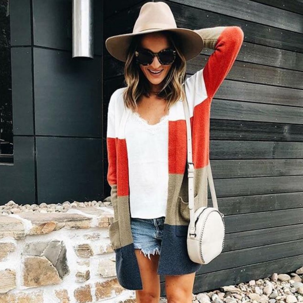 🆕 Orange & Navy Color Block Striped Cardigan